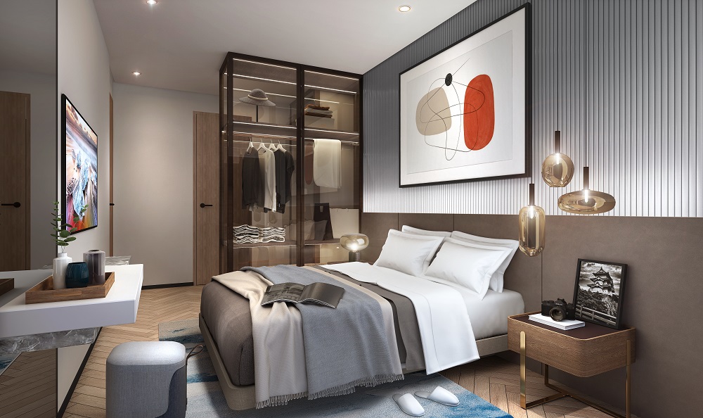 Phòng ngủ được thiết kế tinh tế và hiện đại trong căn hộ 1 ngủ Masteri Waterfront